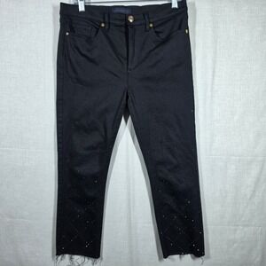 Juicy Couture Jeans Women 31 Black Rhinestone Embellished Raw Hem Straight Leg